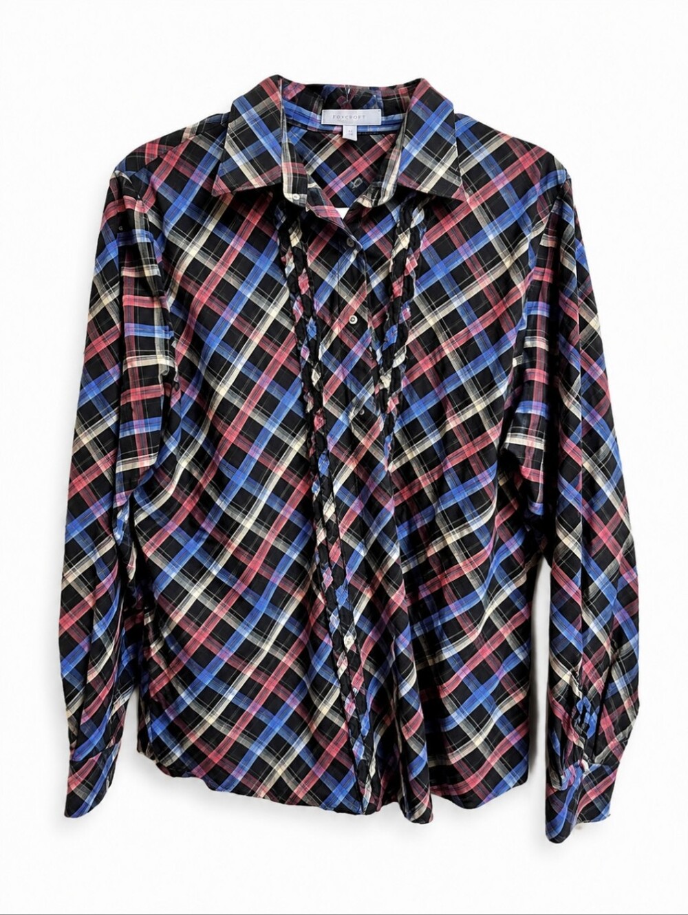 Foxcroft Plaid Blouse Wrinkle Free Multi Color Classic Button Front Top Sz 16